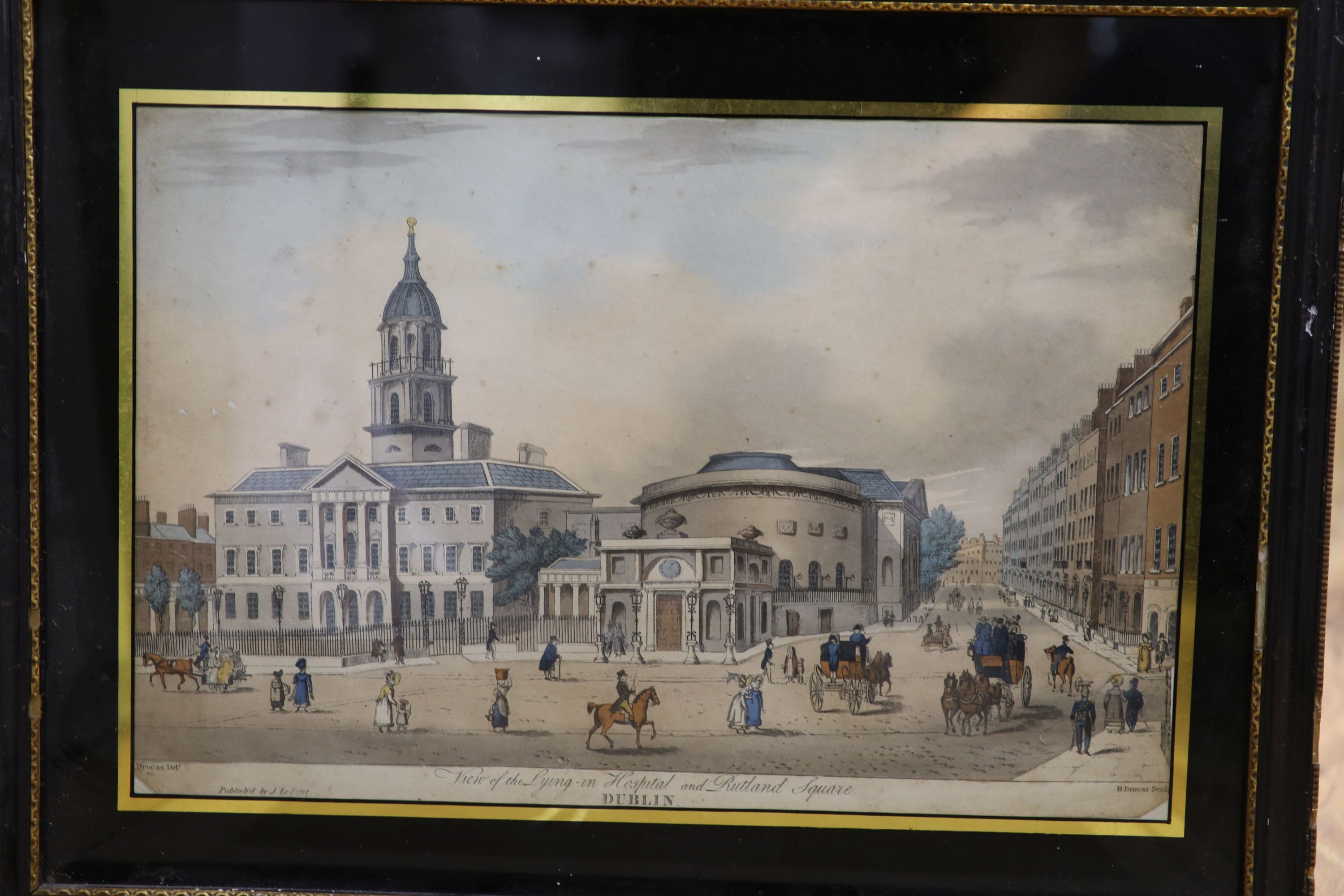 Henry Brocas Jnr. (1798-1853) after Samuel Brocas, set of eight coloured engravings, Topographical views of Dublin, 26 x 39cm, eglomise framed